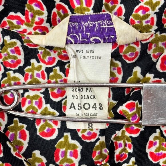 Vintage 70s Printed Blouse Women's Medium Pink Black Border Print Top - Picture 6 of 10